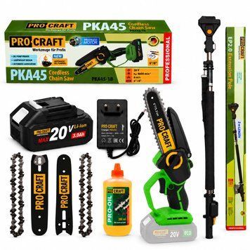 Набір Procraft PKA45 + EP2.0R: акумуляторна міні-пила 20 В, безщіткова, 1 АКБ 3 Аг, 2 шини 6&Prime;/8&Prime; + телескопічний подовжувач 120&ndash;200 см PKA45_1АКБ3Аг_Karton + EP2.0R фото