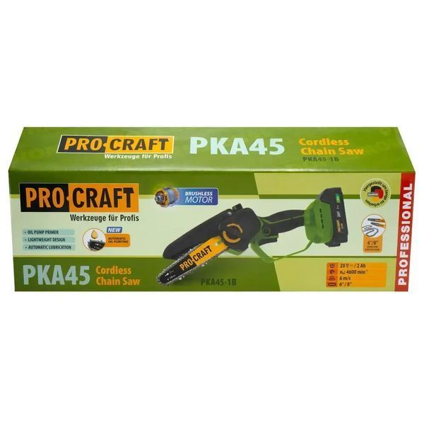 Набір Procraft PKA45 + EP2.0R: акумуляторна міні-пила 20 В, безщіткова, 1 АКБ 3 Аг, 2 шини 6&Prime;/8&Prime; + телескопічний подовжувач 120&ndash;200 см PKA45_1АКБ3Аг_Karton + EP2.0R фото