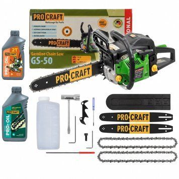 Бензопила Procraft GS-50 (2 шини 40/45 см, 2 ланцюги 3,8 к.с., 49,3 см&sup3;, легкий запуск) GS-50_oliva2Т_olivaС фото