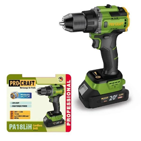 Шуруповерт Procraft PA18LiH (безщітковий двигун, 80 Нм, патрон 13 мм, 1 АКБ 20В 2А&middot;год + ЗП) PA18LiH_1akb фото