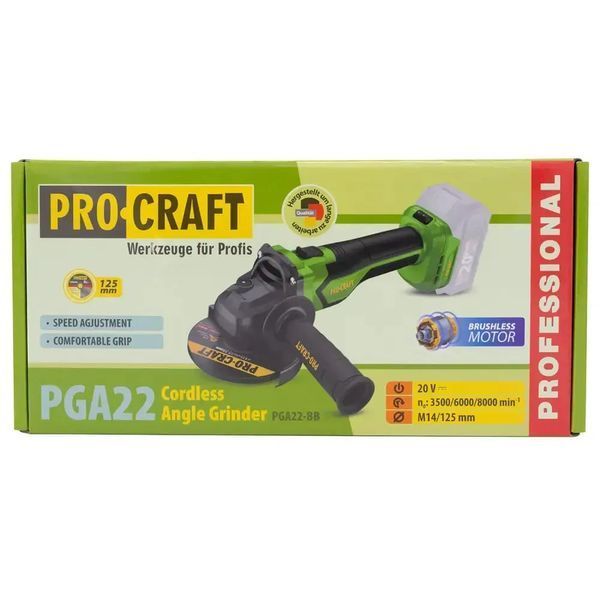 Акумуляторна болгарка Procraft PGA 22 (20В, без акумулятора та зарядного пристрою, 125 мм, безщіткова) PGA 22_bez_akb фото